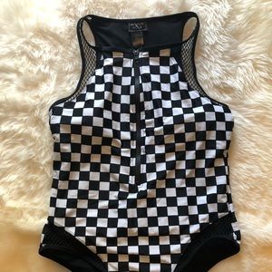 NWT Black and White Checkered Zip-up Swimsuit - LG